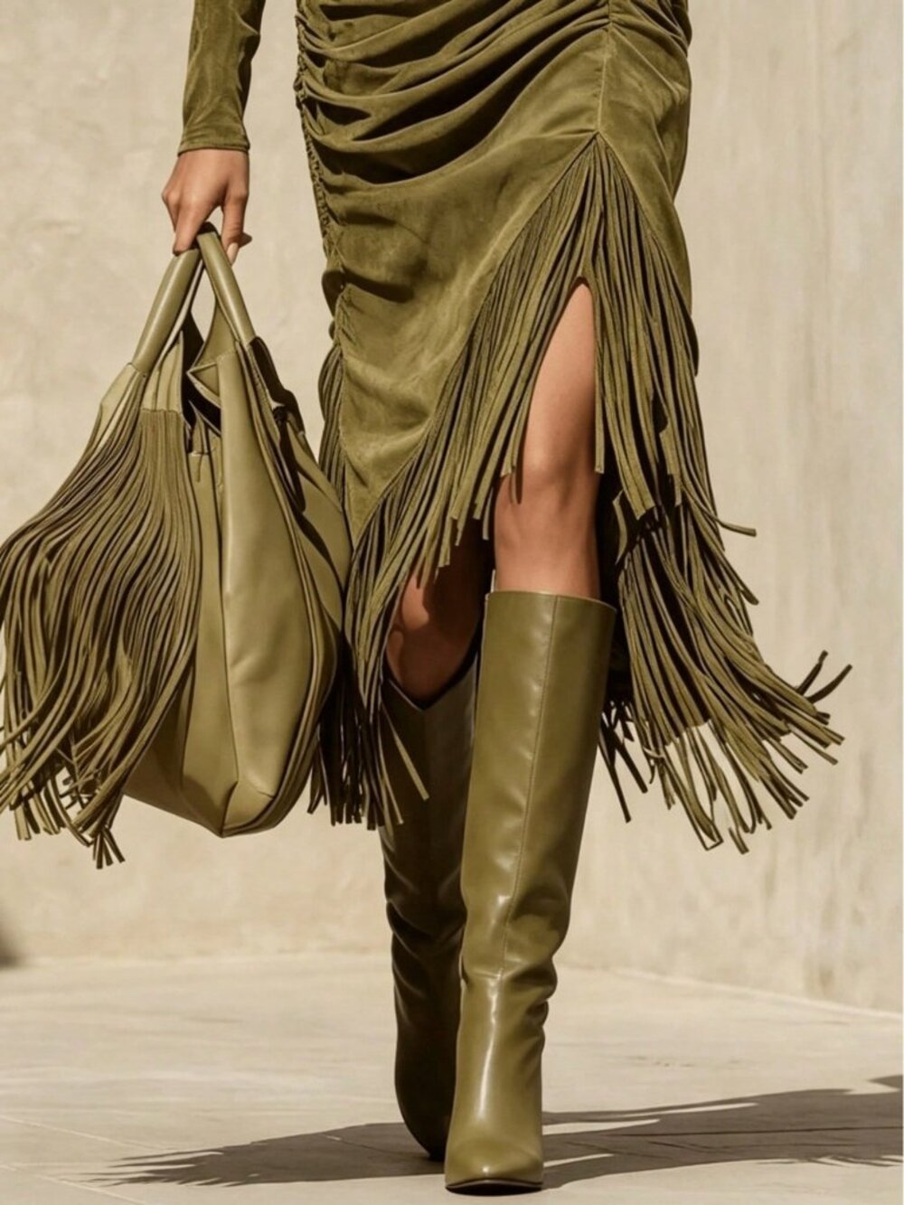 Olive Green Casual Women's High Neck Long Sleeved Plain Loose A-Line Dress - Picture 3 of 3
